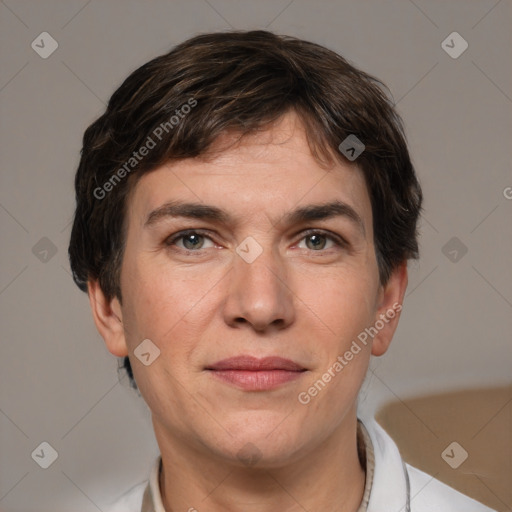 Joyful white adult male with short  brown hair and grey eyes