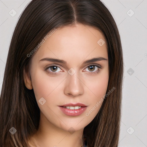 Neutral white young-adult female with long  brown hair and brown eyes