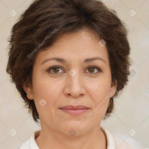 Joyful white adult female with short  brown hair and brown eyes