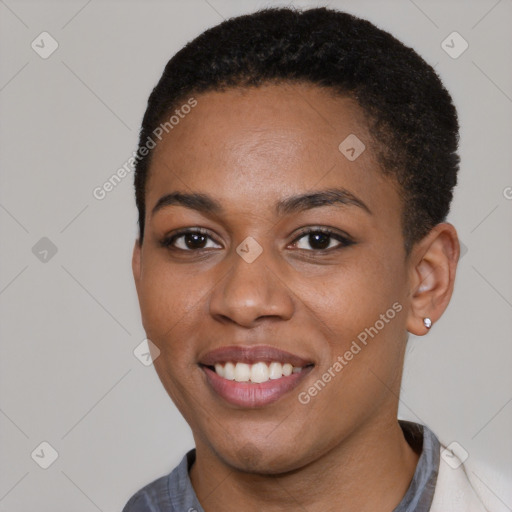 Joyful latino young-adult female with short  black hair and brown eyes