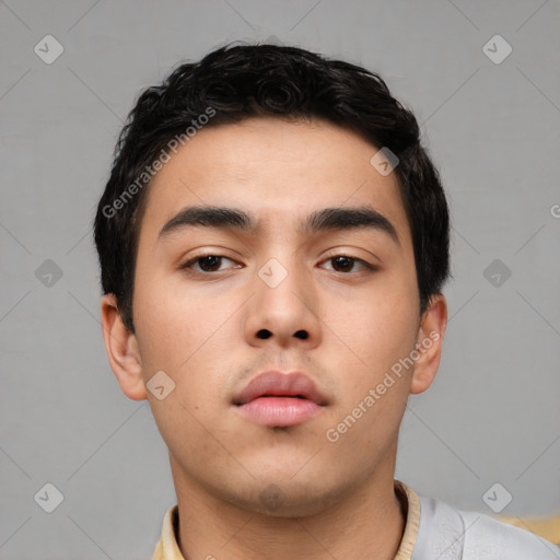 Neutral asian young-adult male with short  black hair and brown eyes