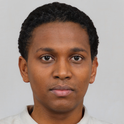 Neutral black young-adult male with short  black hair and brown eyes