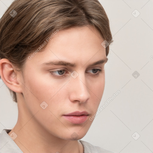 Neutral white young-adult female with short  brown hair and grey eyes