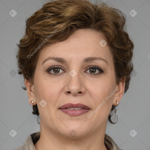 Joyful white adult female with short  brown hair and grey eyes