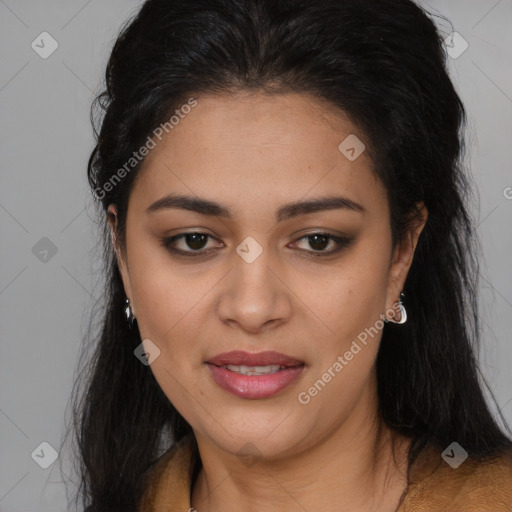 Joyful latino young-adult female with long  brown hair and brown eyes