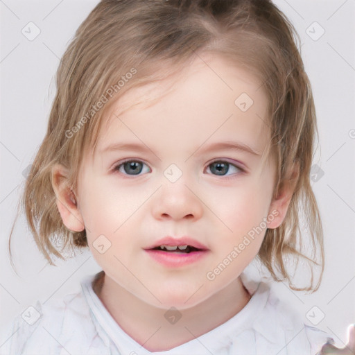 Neutral white child female with medium  brown hair and blue eyes