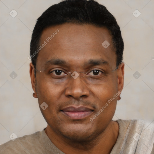 Joyful black adult male with short  black hair and brown eyes