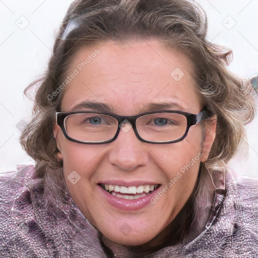 Joyful white adult female with medium  brown hair and blue eyes