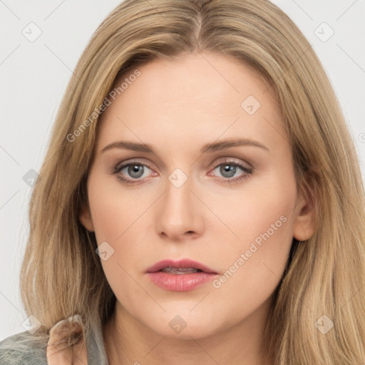 Neutral white young-adult female with long  brown hair and brown eyes