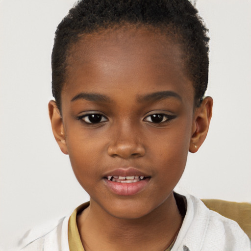 Joyful black child female with short  brown hair and brown eyes