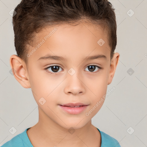 Joyful white child female with short  brown hair and brown eyes