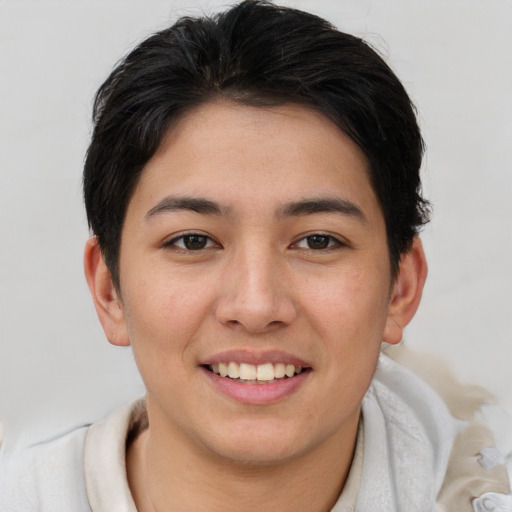 Joyful asian young-adult female with short  brown hair and brown eyes