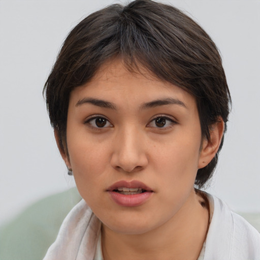 Neutral white young-adult female with medium  brown hair and brown eyes
