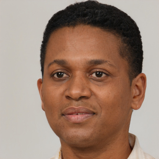 Neutral black adult male with short  black hair and brown eyes
