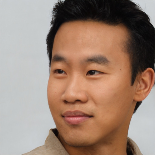 Neutral asian young-adult male with short  black hair and brown eyes