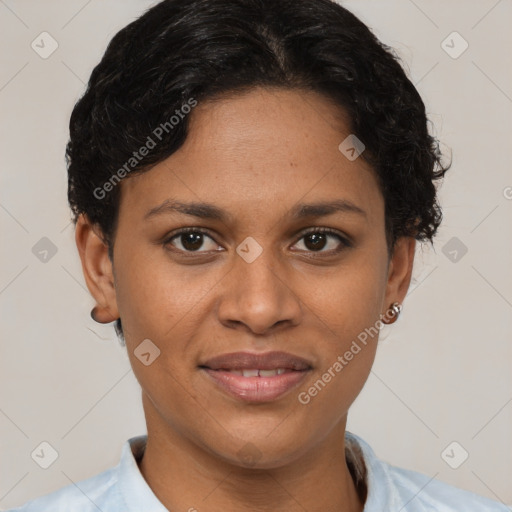 Joyful latino young-adult female with short  brown hair and brown eyes