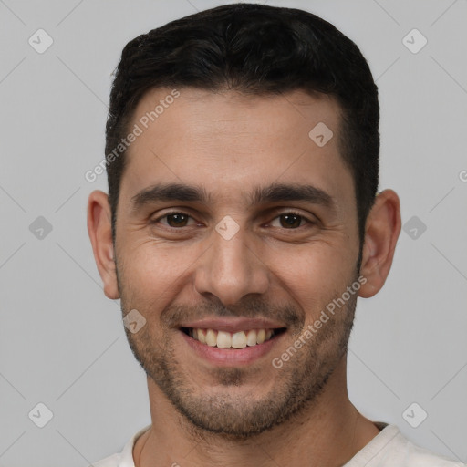 Joyful white young-adult male with short  brown hair and brown eyes