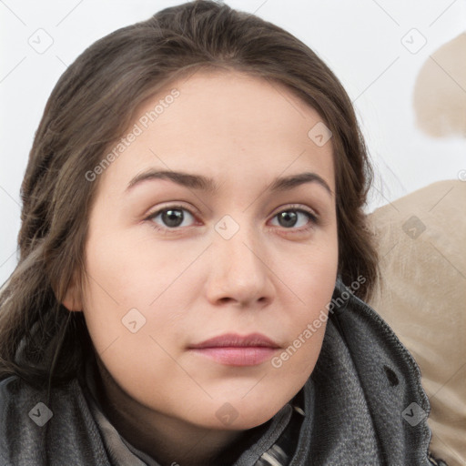 Neutral white young-adult female with medium  brown hair and brown eyes