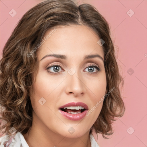 Joyful white young-adult female with medium  brown hair and green eyes