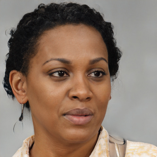 Joyful black adult female with short  brown hair and brown eyes