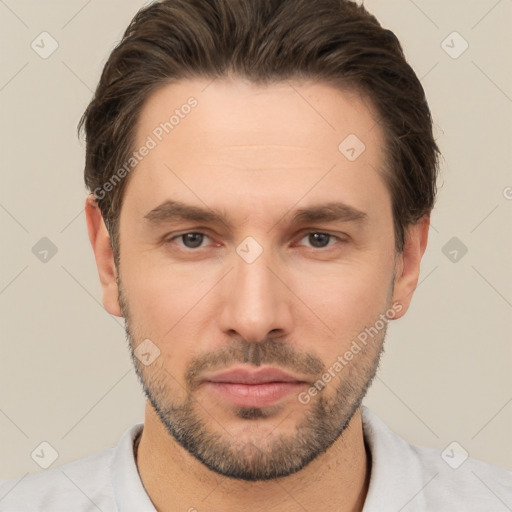 Neutral white young-adult male with short  brown hair and brown eyes