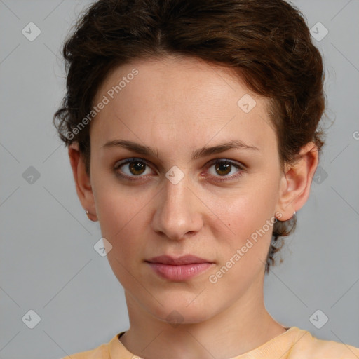 Neutral white young-adult female with short  brown hair and brown eyes