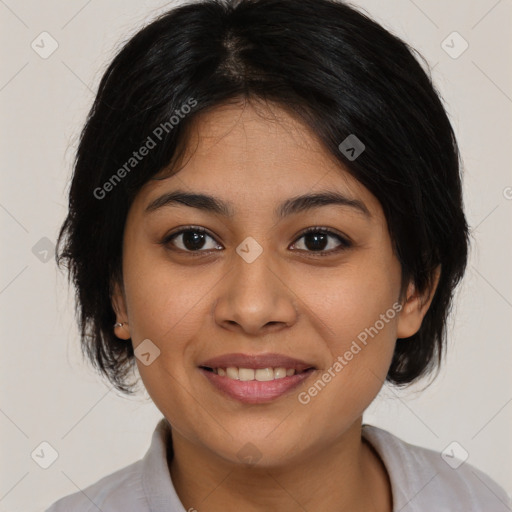 Joyful asian young-adult female with medium  black hair and brown eyes