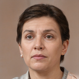 Neutral white adult female with short  brown hair and brown eyes