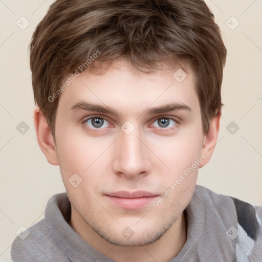 Neutral white young-adult male with short  brown hair and grey eyes