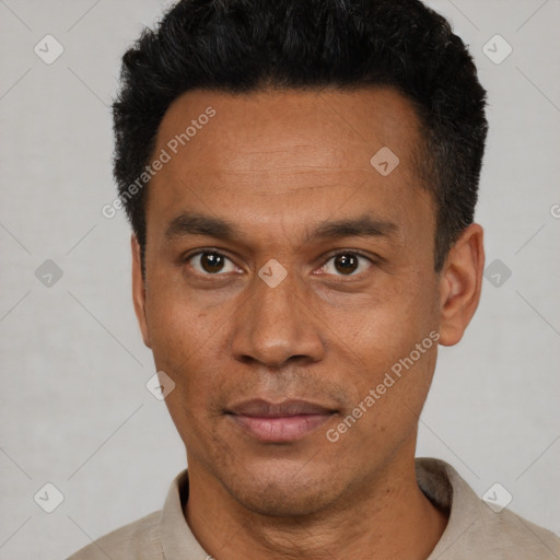 Neutral latino adult male with short  black hair and brown eyes