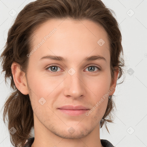 Joyful white young-adult female with medium  brown hair and grey eyes