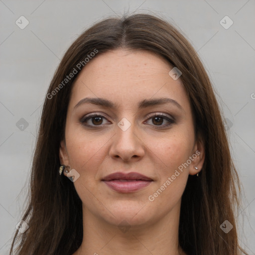 Joyful white young-adult female with long  brown hair and grey eyes