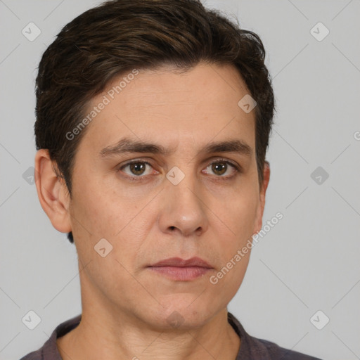 Neutral white adult male with short  brown hair and brown eyes