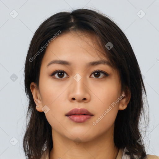 Neutral asian young-adult female with long  brown hair and brown eyes