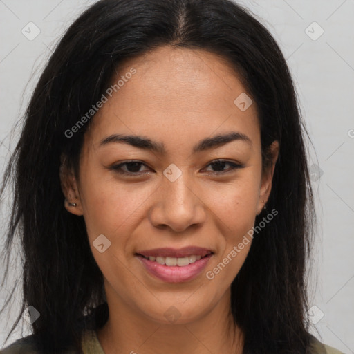 Joyful latino young-adult female with long  brown hair and brown eyes