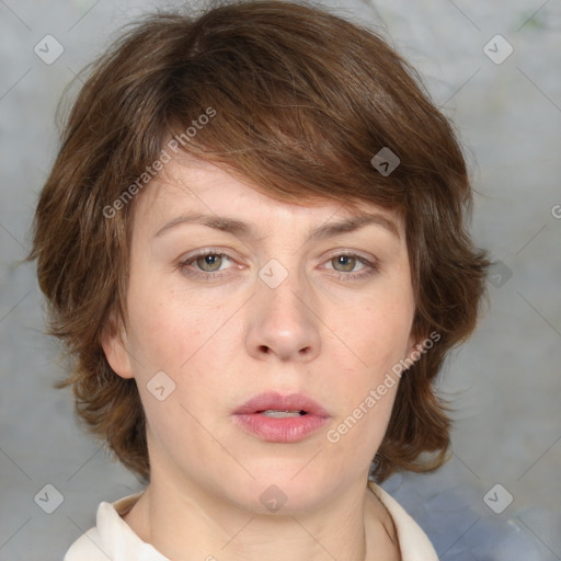 Neutral white young-adult female with medium  brown hair and brown eyes