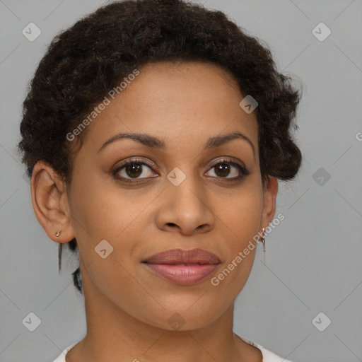 Joyful latino young-adult female with short  brown hair and brown eyes