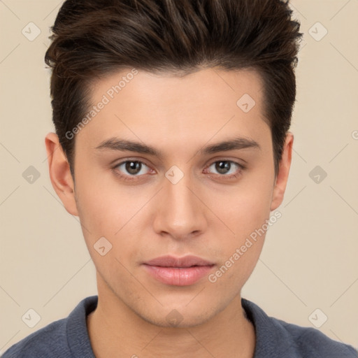 Neutral white young-adult male with short  brown hair and brown eyes