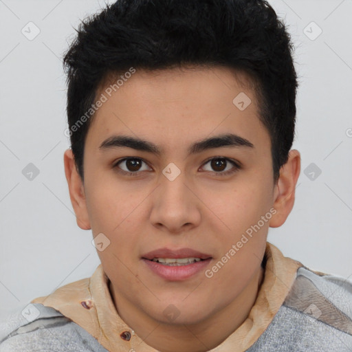 Joyful latino young-adult male with short  brown hair and brown eyes