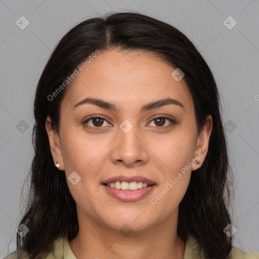 Joyful latino young-adult female with long  brown hair and brown eyes