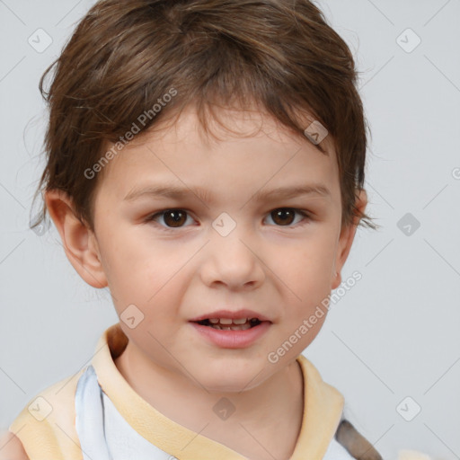 Joyful white child female with short  brown hair and brown eyes