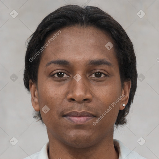 Neutral black young-adult male with short  brown hair and brown eyes