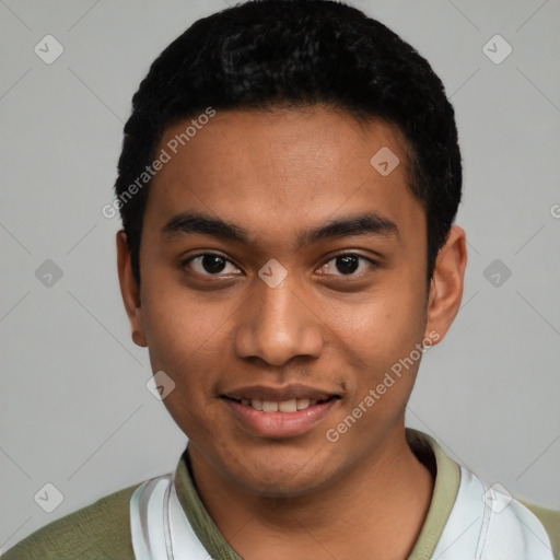 Joyful latino young-adult male with short  black hair and brown eyes