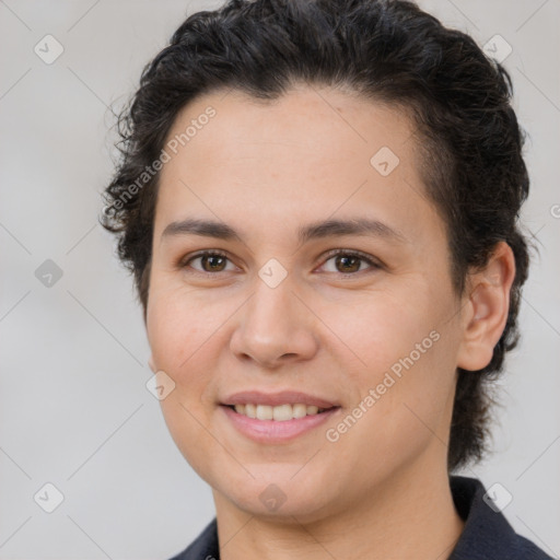 Joyful white young-adult female with short  brown hair and brown eyes