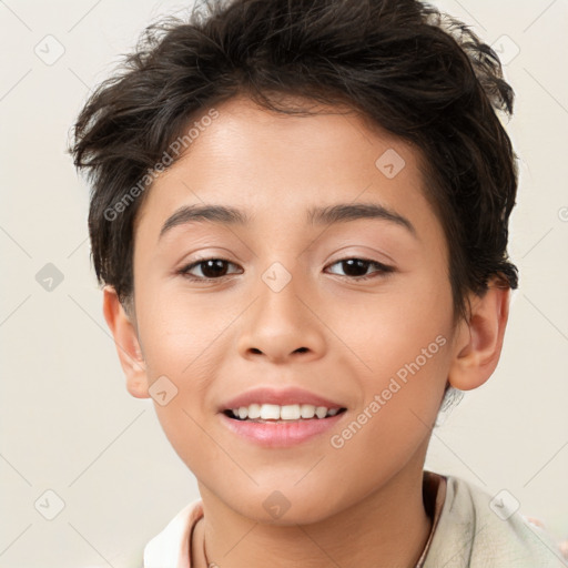 Joyful white child female with short  brown hair and brown eyes