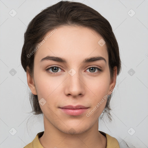 Neutral white young-adult female with medium  brown hair and brown eyes