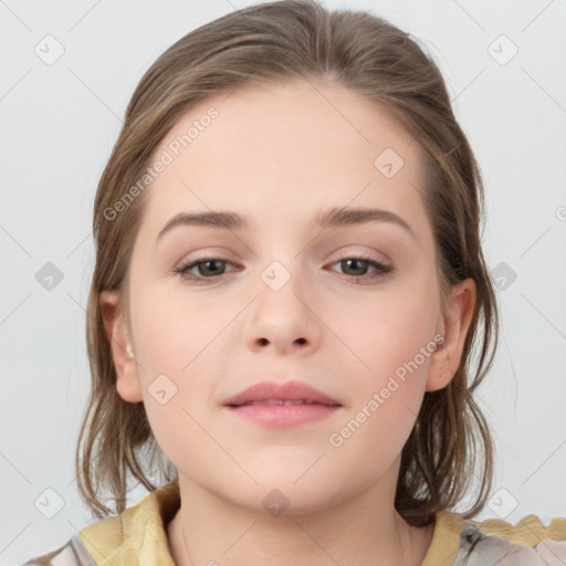 Neutral white young-adult female with medium  brown hair and grey eyes