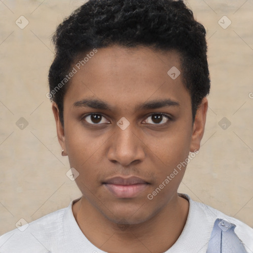 Neutral black young-adult male with short  black hair and brown eyes