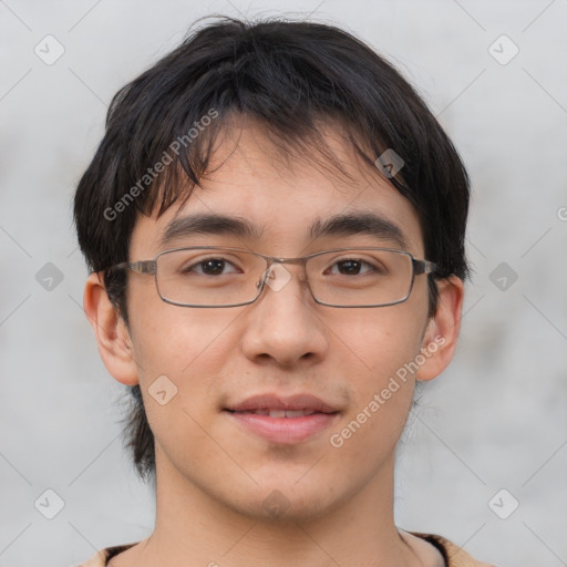 Joyful white young-adult male with medium  brown hair and brown eyes