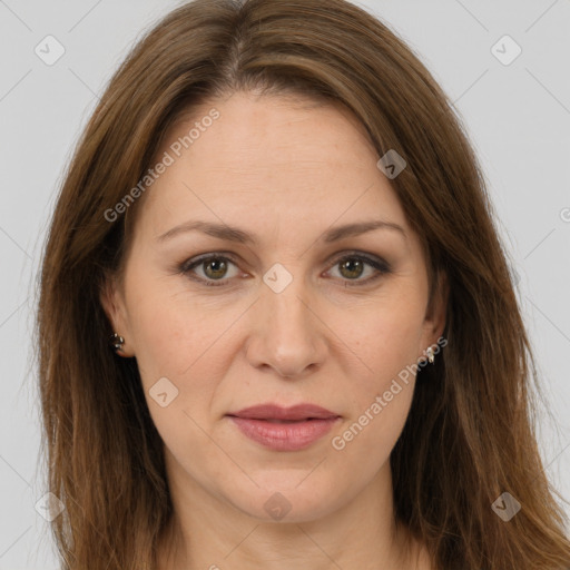 Joyful white adult female with long  brown hair and brown eyes